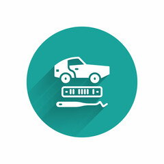 White Car theft icon isolated with long shadow. Green circle button. Vector