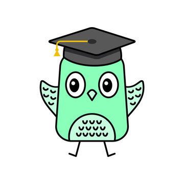 Cute Owl Celebrates Graduation. Kawaii Owl With College Cap. Happy cheerful owl bird jumping. Funny cartoon character. Student education. Back to school concept. Vector illustration, flat, clip art. 