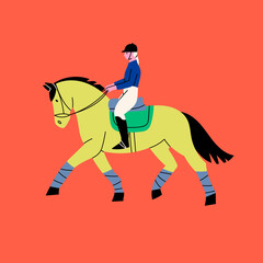 Jockey on racing Horse. Horseback riding, hippodrome racing, equestrian sport concept. Hand drawn colorful isolated Vector illustration. Cartoon style, flat design. Logo, poster, icon design template
