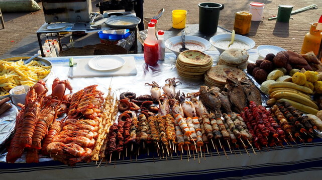 Seafood skewers at Darajani Market - bazaar in Forodhani Garden, Stone Town, Zanzibar