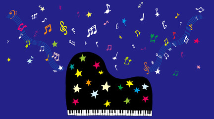 カラフルな星とグランドピアノ、いくつかの音符
Colorful stars and hand drawn grand piano with some notes