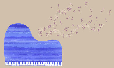 水彩風の青いグランドピアノと流れる音符
Colorful hand drawn blue grand piano and some notes