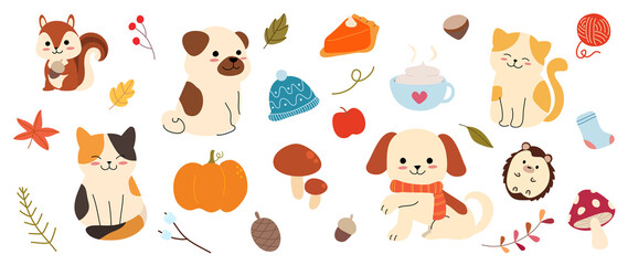 Set of cute animal vector. Autumn season with squirrel, hedgehog, cat, dog, fall season elements in doodle pattern. Adorable funny animal and characters hand drawn collection on white background.