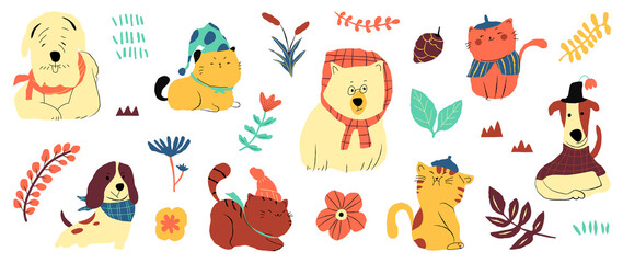 Set of cute animal vector. Autumn season with cat, dog, friendly pets, clothing in fall season in doodle pattern. Adorable funny animal and characters hand drawn collection on white background.