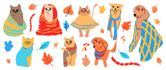 Set of cute animal vector. Autumn season with cat, dog, friendly pets, clothing in fall season in doodle pattern. Adorable funny animal and characters hand drawn collection on white background.