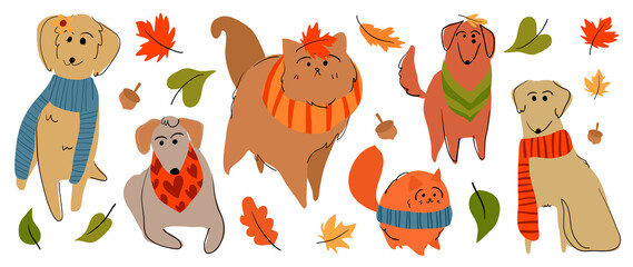 Set of cute animal vector. Autumn season with dog, friendly pets, clothing in fall season, maple leaf in doodle pattern. Adorable funny animal and characters hand drawn collection on white background.