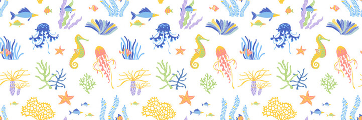 Fototapeta na wymiar Marine Life flat vector seamless pattern background. Underwater animals wildlife
