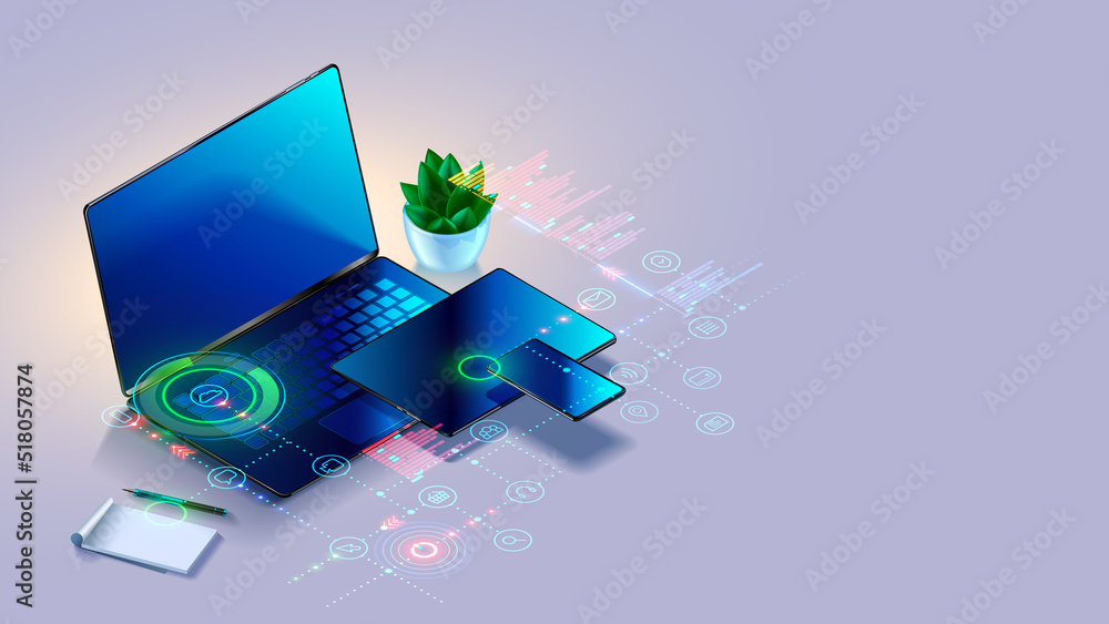 Fototapete Laptop, tablet, phone on table in isometric. Tech icons of computer technology, software develop over computer devices on white background. Dark empty Monitor or screen of notebook, smartphone, tablet