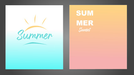 Summer theme backgrounds with   color gradient patterns and hand drawn lettering. Summertime set for brochures, posters, banners, flyers and cards. Vector illustration.