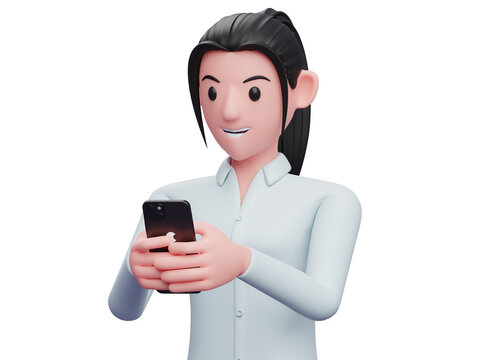 portrait of a business woman playing with a cell phone, 3D render business woman in blue shirt holding phone illustration