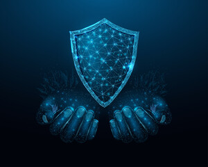 Two human hands hold a shield. Wireframe glowing low poly guard. Design on a blue background. Abstract futuristic vector illustration