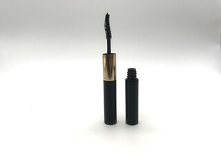 Black mascara in black container open lid,Include Clipping Path.