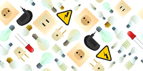 Glass electric light bulb. Lighting device. Energy Saving Technologies electrical outlet and plug. Isolated on white background. Seamless pattern. Vector