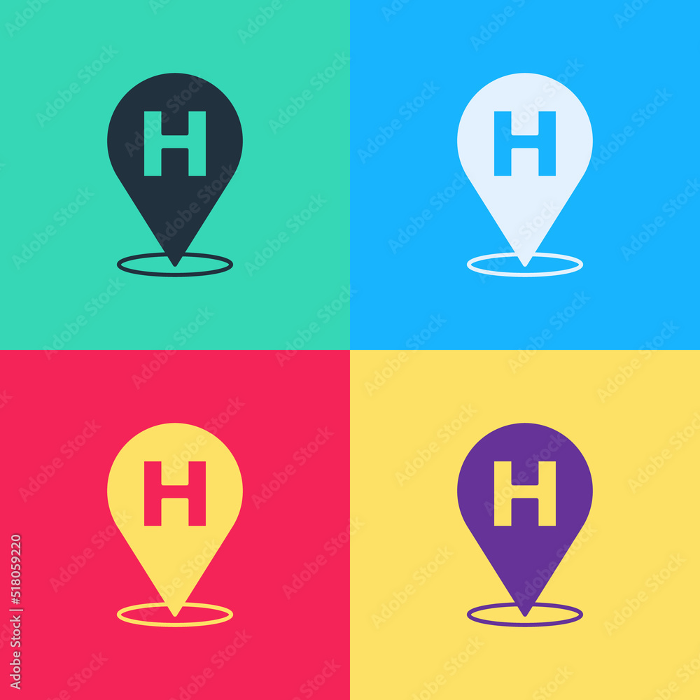Poster pop art medical map pointer with cross hospital icon isolated on color background. vector