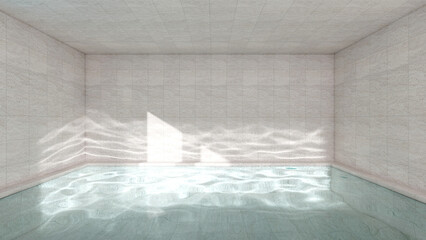 Spa pool with caustics light. A bright clear water in the stone pool with light ray on wall, reflecting light shimmering on stone wall create mood of relaxation, calm and peaceful. 3D illustration.