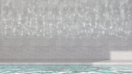 Spa pool with caustics light. A bright clear water in the stone pool with light ray on wall, reflecting light shimmering on stone wall create mood of relaxation, calm and peaceful. 3D illustration. - 518059278