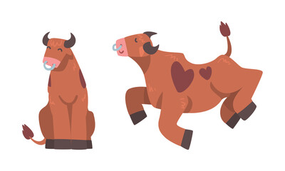 Brown spotted bull sitting and jumping, ox farm animal cartoon vector illustration