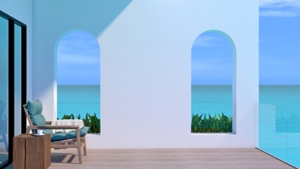 Sea view terrace. A wooden terrace of modern high-rise building with ocean view, white blank wall with a pool-side chair and white towel on it. 3D illustration. - 518059679