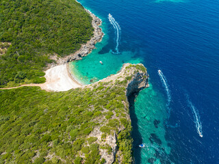 Aerial view of Dimitri Eliodoro beach, on the island of Corfu. Greece. Close the unique double beach of Limni. Kerkyra
