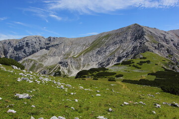 Fototapeta na wymiar View to peaks Schrocken and Pyhrner Kampl at Totes Gebirge moutains in Alps, Austia