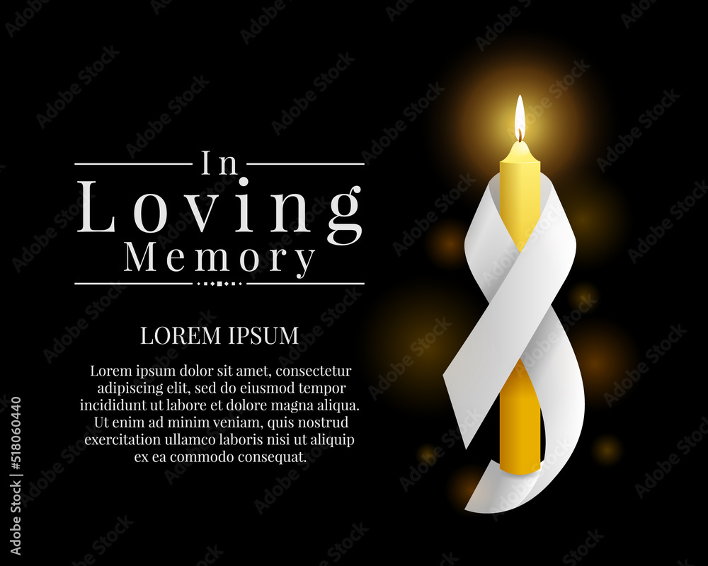 Poster in loving memory text and candle light with white ribbon roll around on black background vector desi