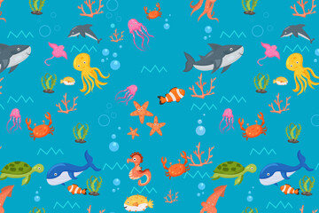 Naklejka na ściany i meble Fish and wild marine animals pattern. Seamless background with cute marine fishes, smiling shark characters and sea underwater world vector nautical wallpaper