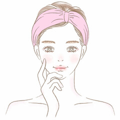 頬に手を当てるヘアバンドの女性上半身イラスト