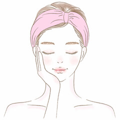 頬に手を当てるヘアバンドの女性上半身イラスト