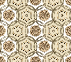 Seamless vintage pattern with circles, gold chains, hexagons, beige roses. Classic background. Vector illustration