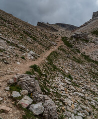 Piccolo Lagazuoi mountain peak from Forcella Travenanzes mountain pass in the Dolomites