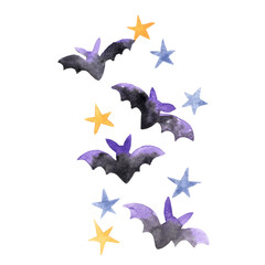 Bat and star watercolor for decoration on Halloween party night.