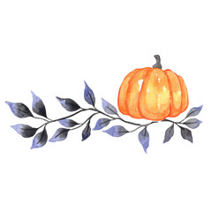 Pumpkin and black leaves border watercolor illustration for decoration on Halloween, Thanksgiving and autumn season.