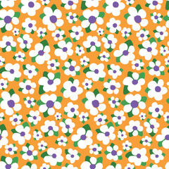 Seamless floral pattern with small plants in retro style. Cute ditsy print, simple botanical background with small white flowers, leaves on a yellow field. Vector illustration.