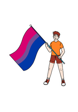 Happy White young man holding big Bisexual Flag (LGBT Pride Flag). Character representing LGBTQ Community.