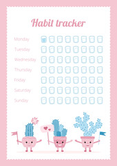 Habit tracker concept. Water balance tracker vector calendar. Cute blue cacti with flags and a sign with hearts. Printable template. A page for effective planning. Paper sheet. Vector illustration.