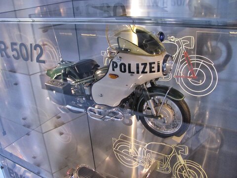 26.07.2013, Germany, Munich, BMW Museum. police motorbike on the podium