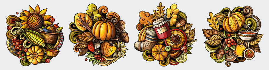 Autumn cartoon vector doodle designs set