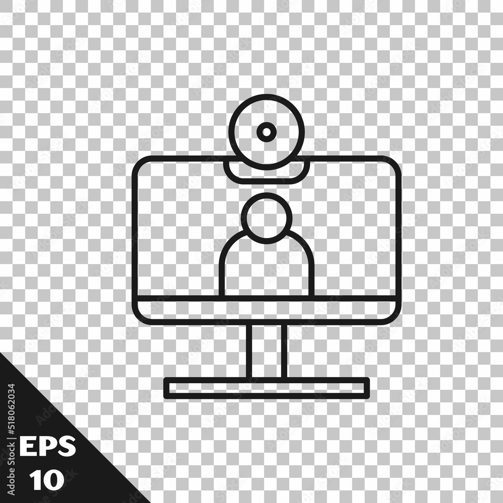 Poster black line video chat conference icon isolated on transparent background. computer with video chat i