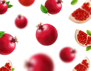 3D realistic pomegranate with green leaf falling background. Ripe pomegranate fruit in motio wih blurred effect Vector illustration