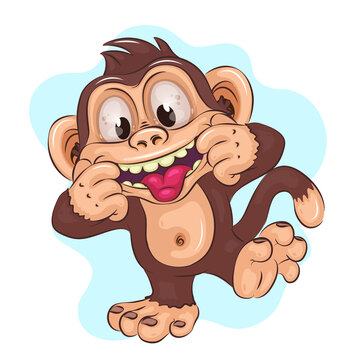 Cartoon Mocking Monkey. Cute mocking cartoon monkey, spreads his lips with his fingers, showing his teeth. Cartoon mascot. Positive and unique design. 
