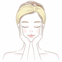 頬に手を当てるヘアバンドの女性上半身イラスト