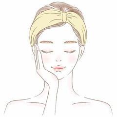 頬に手を当てるヘアバンドの女性上半身イラスト