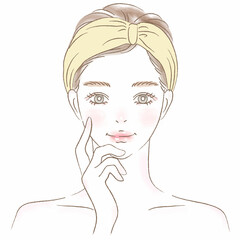頬に手を当てるヘアバンドの女性上半身イラスト