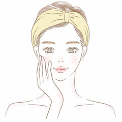 頬に手を当てるヘアバンドの女性上半身イラスト