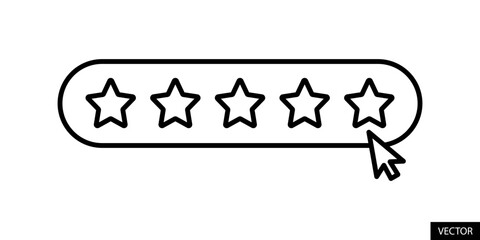 Five star rating, Rate us five stars, Feedback concept, vector icon in line style design for website design, app, UI, isolated on white background. Editable stroke. Vector illustration.