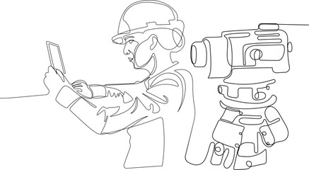 Close up of young Caucasian worker with helmet on head using tablet for work while standing in warehouse. Vector illustration