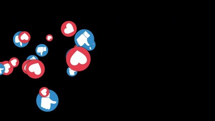 3D Social Network Like Icons Abstract Conceptual Animation Isolated with Alpha Channel. Social media icons flow through the screen - Animation. Internet, Advertisement, Promotion, Viral Marketing - Powered by Adobe