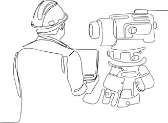 Close up of young Caucasian worker with helmet on head using tablet for work while standing in warehouse. Vector illustration