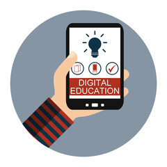 Flat Design Kreis: Digitale Bildung - Hand hält Smartphone