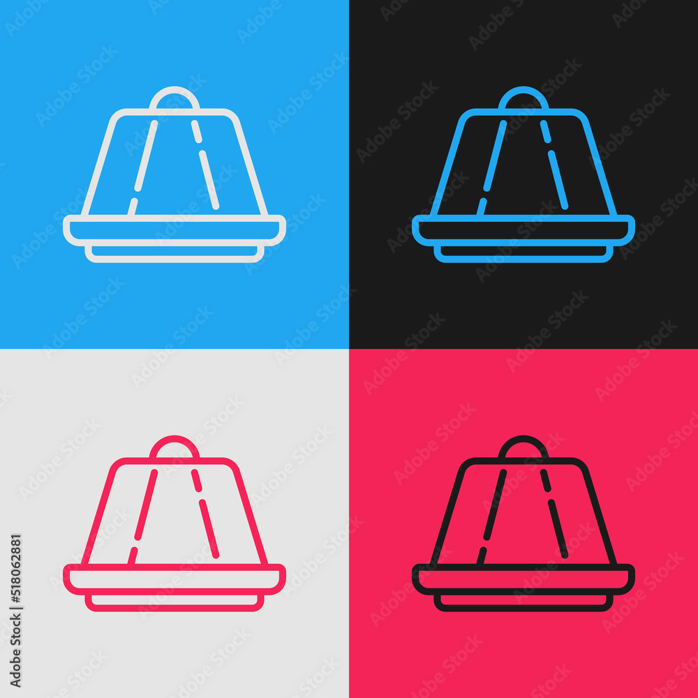 Poster pop art line pudding custard with caramel glaze icon isolated on color background. vector